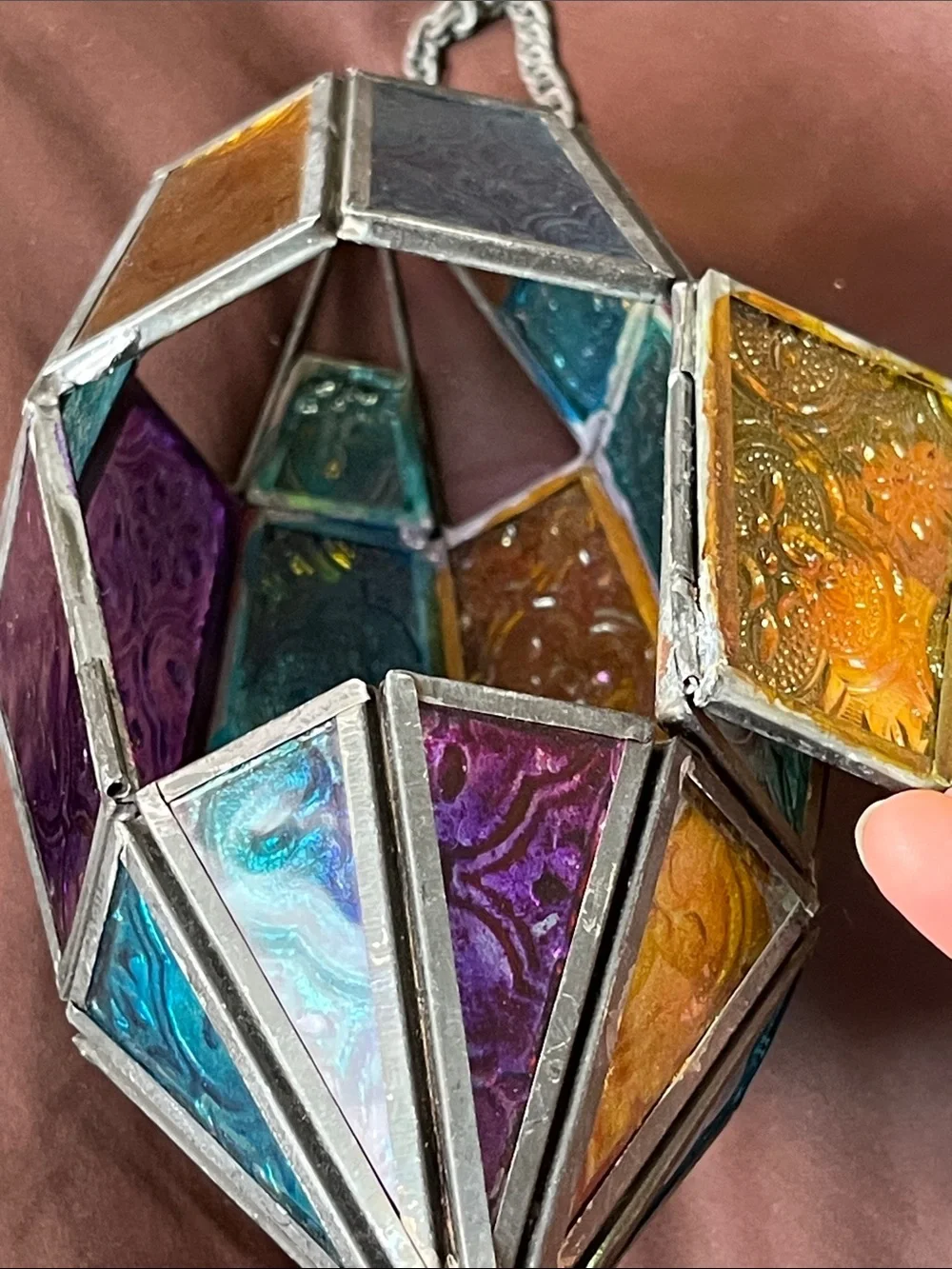 Antique Multicolor Stained Glass Hanging Lantern - Teal, Purple, Gold